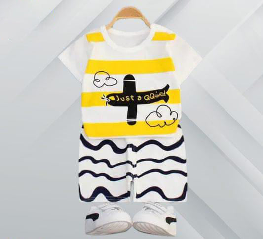 White & Yellow Aeroplane Kids Short Set