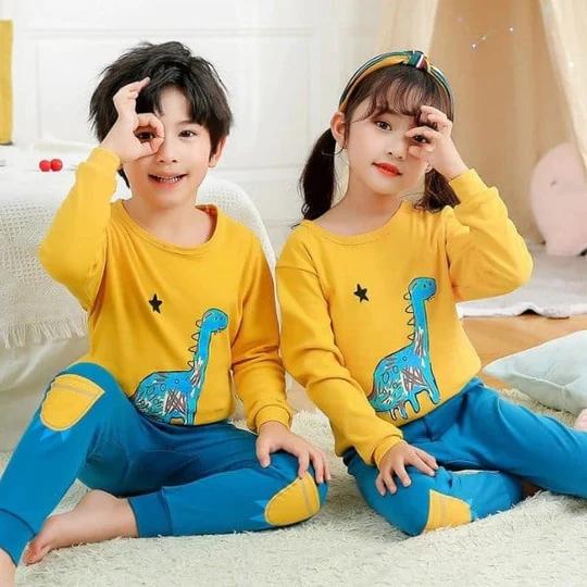 YELLOW BLUE DINO PRINTED KIDS WEAR