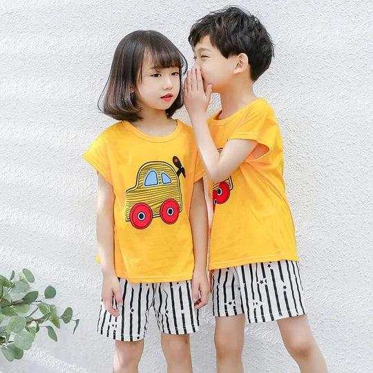 YELLOW CAR PRINTED HALF SLEEVES KIDS WEAR