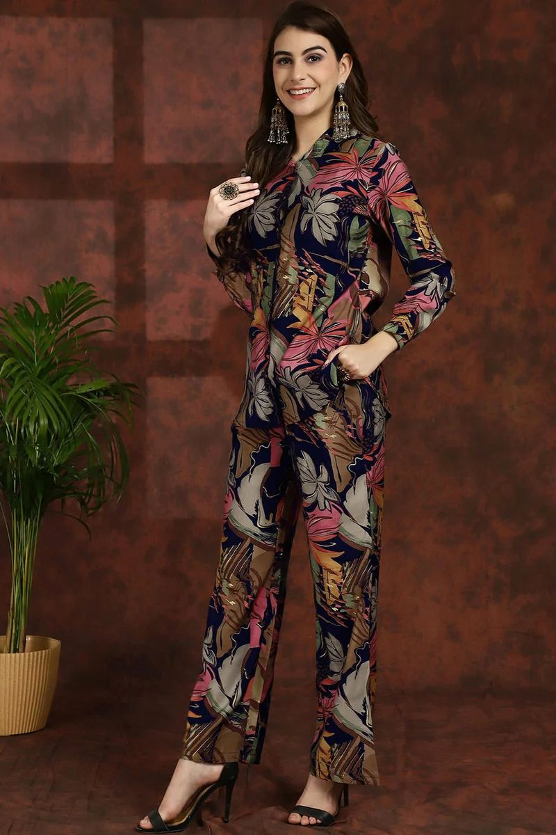 Floral Printed Shirt Collar Tunic with Trousers Co-Ord Set