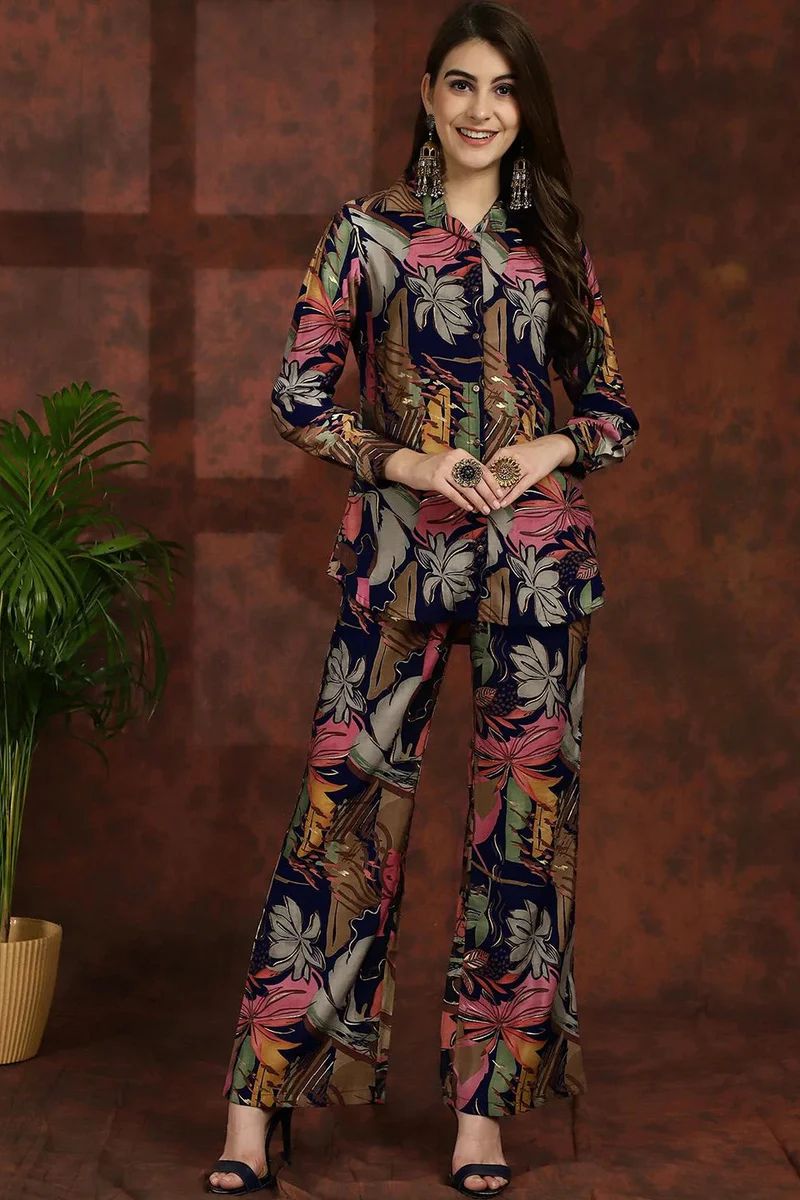 Floral Printed Shirt Collar Tunic with Trousers Co-Ord Set