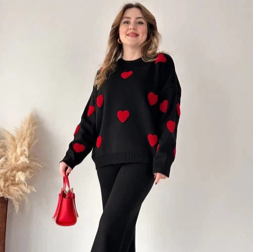 Heart printed warm winter fleece co ord Set