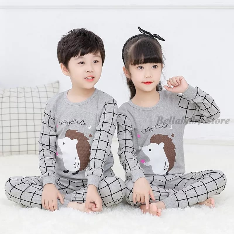 GREY GRID CARTOON PRINTED KIDS WEAR