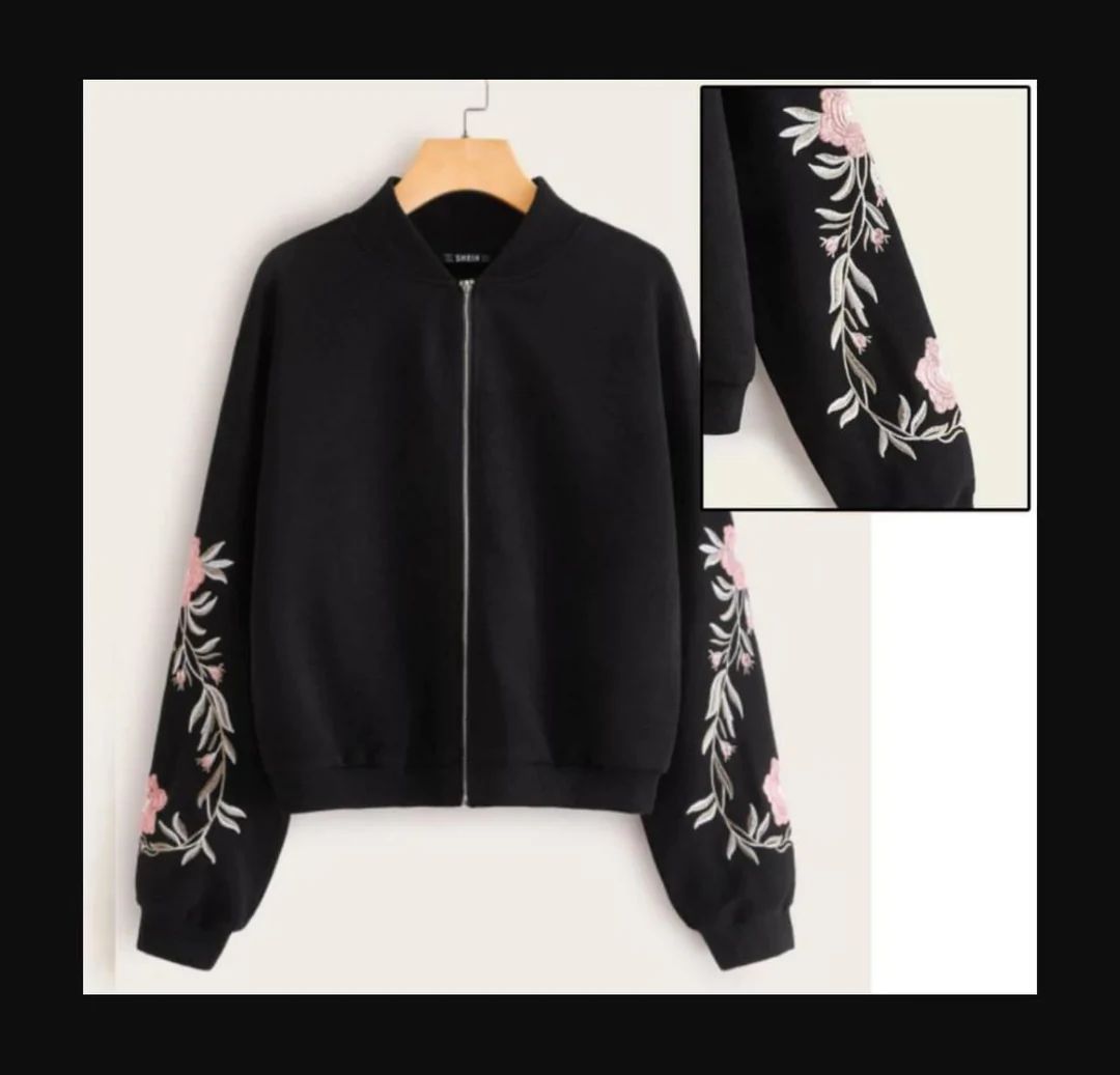 Embroidered Floral Detail Zip Up Bomber Jacket For Women