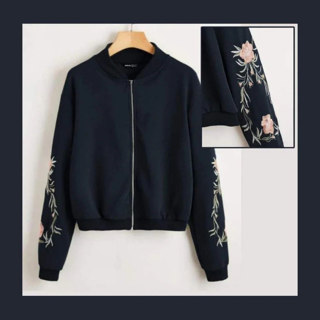 Embroidered Floral Detail Zip Up Bomber Jacket For Women